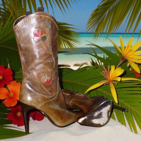 Glory Chen Rich Brown Genuine Leather Floral Stiletto Western Boot--size US 9.5M - Picture 3 of 5